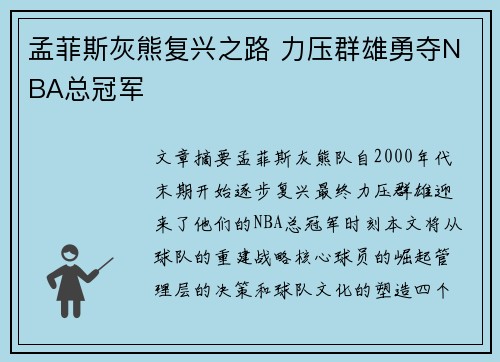 孟菲斯灰熊复兴之路 力压群雄勇夺NBA总冠军